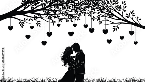 Romantic couple silhouette embracing under tree with hanging heart shapes, love nature scene for Valentine romance and relationship concept