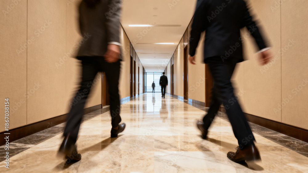 Obraz premium Corporate Office Hallway with Anonymous People Walking, Motion Blur