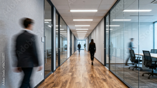 Corporate Office Hallway with Anonymous People Walking, Motion Blur