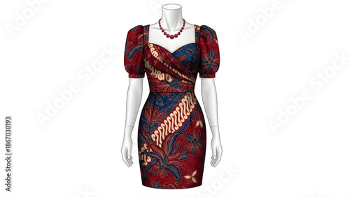 Elegant short sleeve dress featuring traditional Indonesian batik patterns in rich red and blue hues, showcasing cultural fashion and modern style on a mannequin display