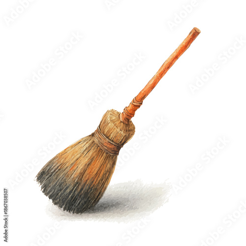 Halloween Broomstick watercolor drawing vector, premium quality illustration on a clean white background.