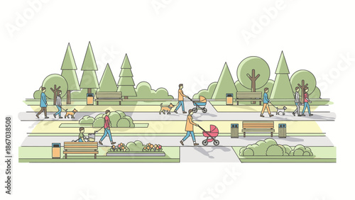 Illustration of people engaging in various activities in a vibrant, evergreen park with lush greenery and trees, representing a thriving business and technology environment in the world.