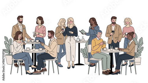 Illustration of diverse group of people in casual business attire socializing and working together in a modern setting with plants and tables.