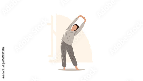 A woman practices yoga in a serene setting with a minimalist background, embodying wellness and business-like focus in the world of technology.