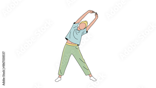 A young woman stretches her arms up in a casual outfit against a clean white background with a carefree and relaxed mood in the world of business and technology.