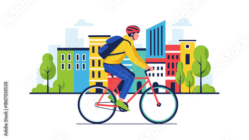 A person in a yellow jacket rides a bicycle through a vibrant cityscape with colorful buildings and trees in the background, conveying an evergreen urban lifestyle with a sense of