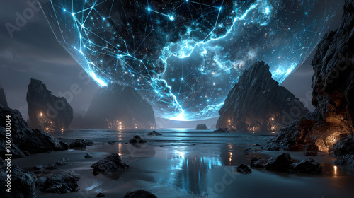 3D rendering retro futuristic background. Virtual space on the background of stars and rocks. The background is perfect for any thematic presentation or your own graphic project