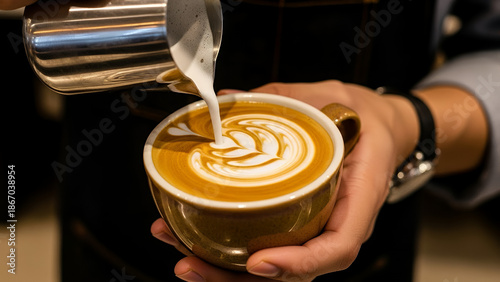 Close Up Barista Making Latte Art Coffee Steamed Milk in Coffee Shop Professional Photography