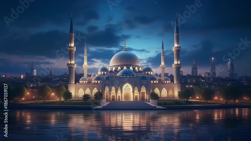 Magnificent Grand Mosque Exterior Illuminated at Deep Blue Hour,with Striking Minarets Piercing the Sky