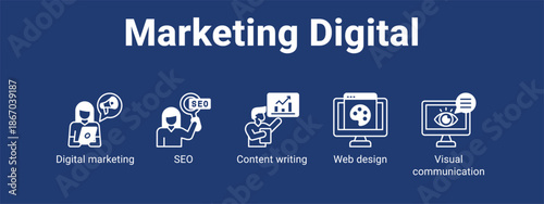 Marketing Digital web banner icon vector illustration concept for  with icon of Digital marketing, SEO, Content writing, Web.
