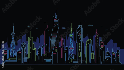 Neon glowing futuristic cityscape skyline illuminated against the dark night sky representing advanced metropolitan architecture and technology development
