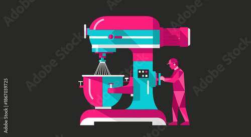 A vibrant, modern, geometrically styled vector illustration shows a person operating a colorful stand mixer, actively preparing ingredients for baking or cooking.
