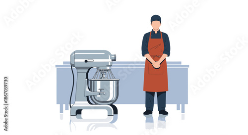 A professional baker in an apron stands beside a powerful kitchen stand mixer, ready for baking in a commercial setting.