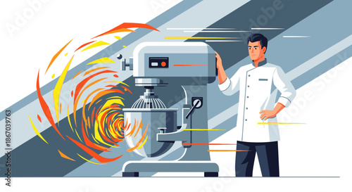 An expert chef monitors a high-performance stand mixer, depicted with energetic, colorful swirls representing rapid mixing and creative culinary processes.
