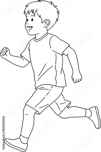 Simple black and white line art drawing illustrates a happy young boy energetically running forward with a cheerful expression suggesting active childhood play or exercise