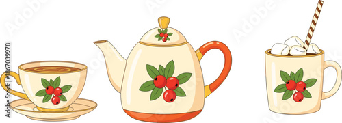 Holiday teacup, teapot, mug vector, festive ceramic design, red berry artwork, seasonal drinkware illustration, cozy winter theme