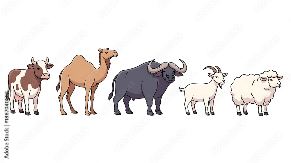 Fototapeta premium Collection of Farm Animals Including a Cow, Camel, Buffalo, Goat, and Sheep