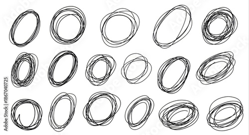 Dynamic Set of Hand-Drawn Scribbled Oval Shapes with Imperfect Contours, Ideal for Abstract Creative Graphic Design Elements