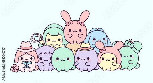 Adorable Pastel Cartoon Characters With Friendly Faces In A Group