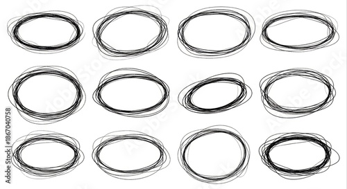 Set of clean, minimalist hand-drawn oval shapes featuring a distinctive sketch-style scribble, ideal for graphic emphasis and creative design projects