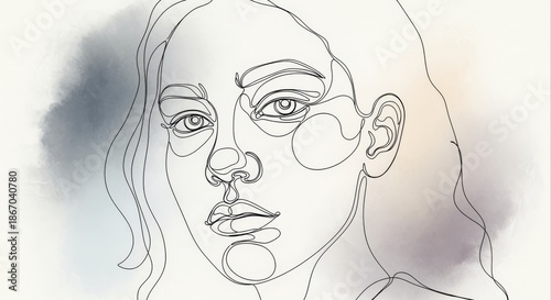 Continuous line art portrait of a woman's face, conveying elegant simplicity and profound introspection with abstract watercolor accents
