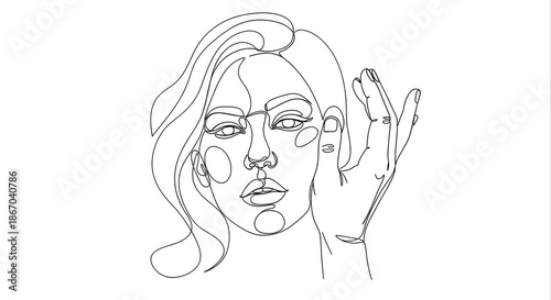 Minimalist Single Line Art Drawing of a Woman's Face with Hand Gesture