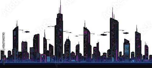 Futuristic neon cityscape silhouette showcasing tall architectural skyscrapers and flying vehicles against a stark white background illustrating tomorrow's urban sprawl