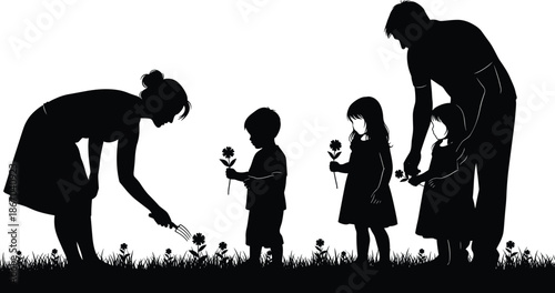 Silhouette vector of happy family gardening outdoors, parents and children planting and picking flowers in grass during spring nature.