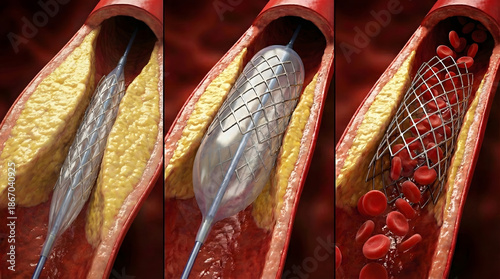 Medical illustration showing angioplasty and stent placement procedure to open a blocked artery and restore blood flow.
