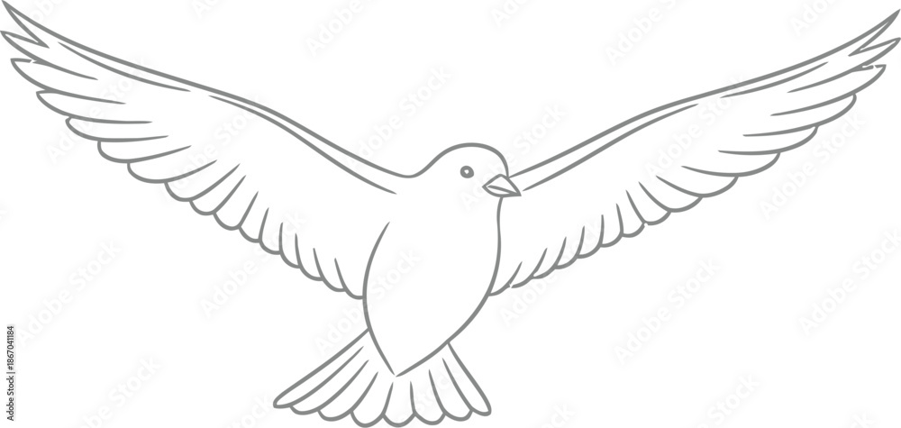 Fototapeta premium Simple black and white line art drawing of a peaceful dove bird gracefully flying with wide open wings against a clean white background for coloring.