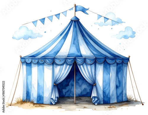 Blue and white striped circus tent with bunting and clouds