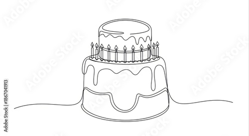 Minimalist continuous line art drawing of a festive two-tier birthday cake adorned with lit candles, symbolizing celebration and sweet moments