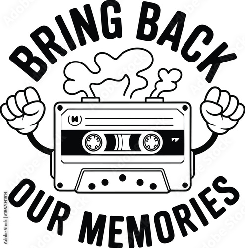 Black and white cassette tape with fists and text memories