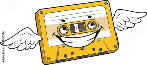 Whimsical cartoon illustration of a happy yellow audio cassette tape character happily flying through the air with angelic white wings attached