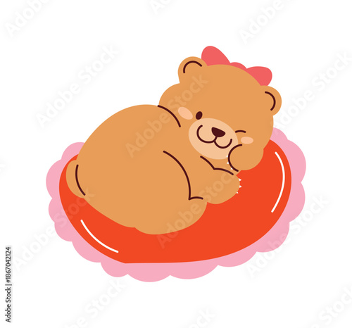Valentine sleeping teddy bear on heart pillow vector illustration with warm pastel colors. Cute romantic design for cards, nursery decor and stickers.