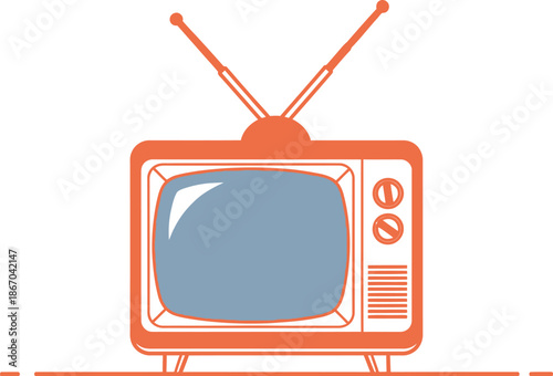 Simple illustration of a vintage orange television set featuring rabbit ear antennas and small control knobs isolated on a white background