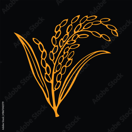 Golden Paddy Rice Illustration, Minimal Line Art Agricultural Symbol on Black Background