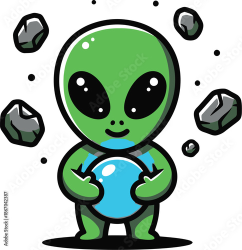Adorable cartoon green alien character expertly levitating small gray space rocks while carefully holding a glowing blue orb illustration