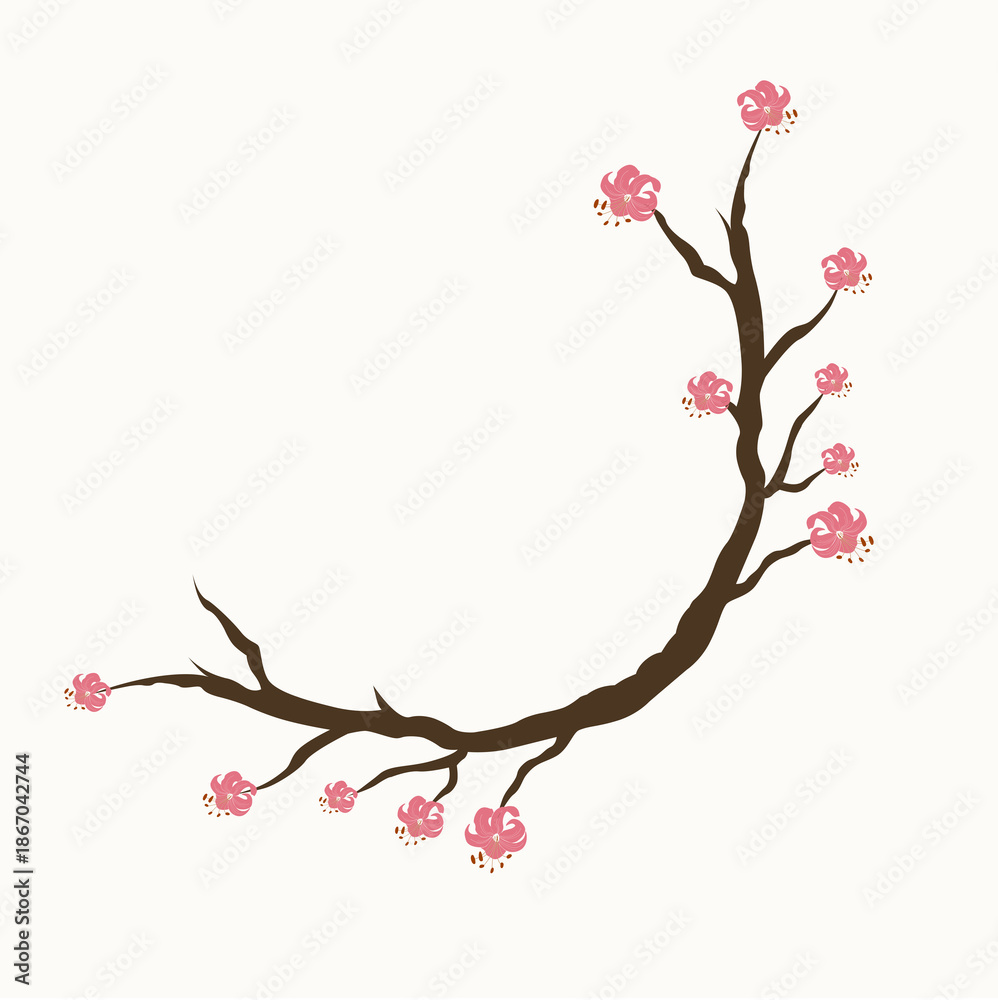 Fototapeta premium Elegant pink Manchurian Lily floral wreath on natural branch, delicate spring botanical illustration for greeting cards and romantic nature wedding design.