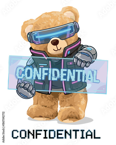 Cyberpunk teddy bear character wearing futuristic goggles and a tactical jacket, holding a holographic 'CONFIDENTIAL' sign, exuding mystery and secrecy, perfect for tech and espionage themes.