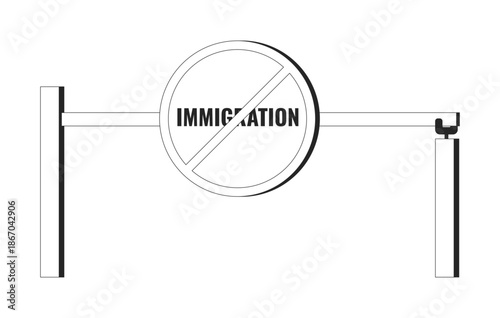 Immigration ban symbol with barrier gate 2D line object. Entry denied. Anti-immigration policy and border restriction isolated clipart vector ink outline item. Monochrome spot illustration