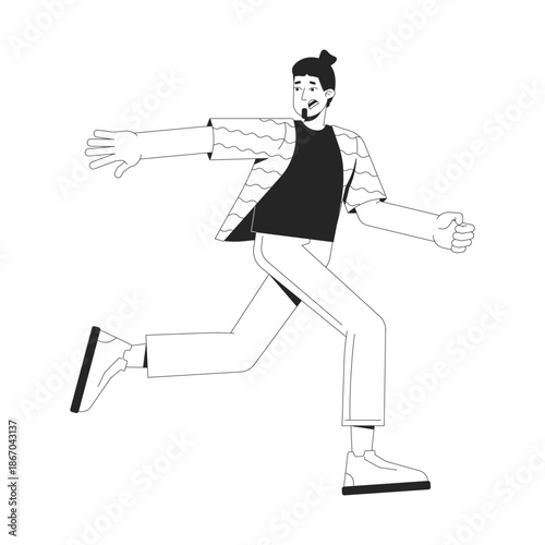 Young caucasian man running away in panic 2D line character. Fear reaction. Urgent action. Emotional stress. Scared guy fleeing isolated vector ink outline person. Monochromatic spot illustration