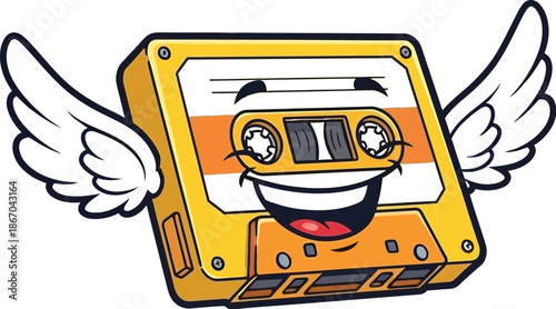 Cheerful flying yellow audio cassette tape with white cartoon wings and a wide happy mouth isolated on a white background
