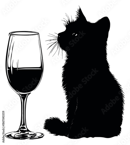 Stylized illustration of a black cat and a wine glass depicting an elegant pet and beverage scene for sophisticated lifestyle projects