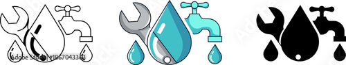Water tap and wrench logo icon with droplets for plumbing services in three distinct styles.