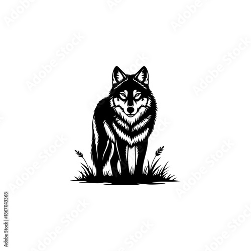 A standing wolf illustration in a grassy field viewed from the front