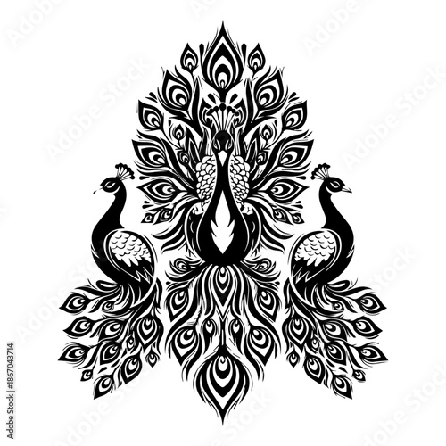 Ornate black and white illustration of peacocks with intricate feather patterns
