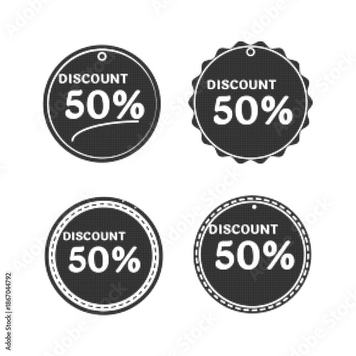 Set of four round discount badges with 50 percent sale text in black and white halftone style. Vintage promotional labels for retail marketing, editable graphic elements isolated on white background.