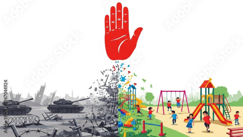 Stop war protect childrens playground concept of peace and childhood illustration of contrast between conflict and safety