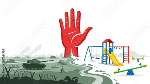 Giant red hand stopping war and protecting childrens playground concept of peace and safety illustration on white background